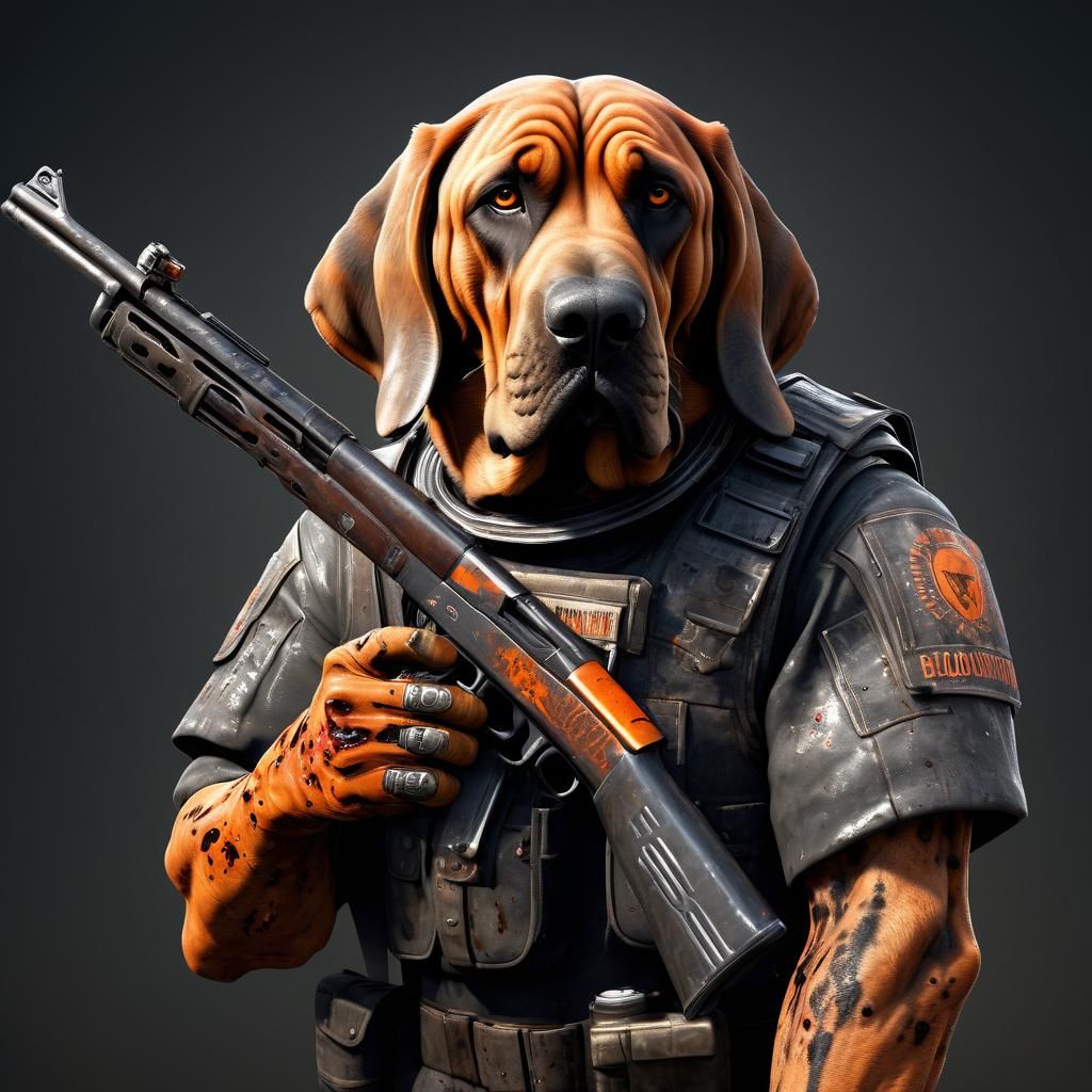 Cyberpunk Bloodhound in Tattered Uniform Points Shotgun at V...