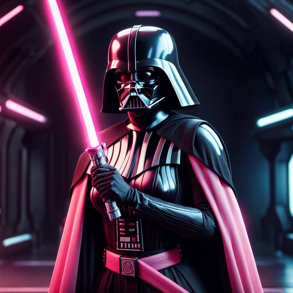 A female Darth Vader holding a single pink lightsaber.