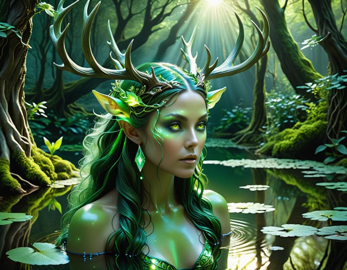 Mystical Dryad with Antlers Reflecting in Forest Pool