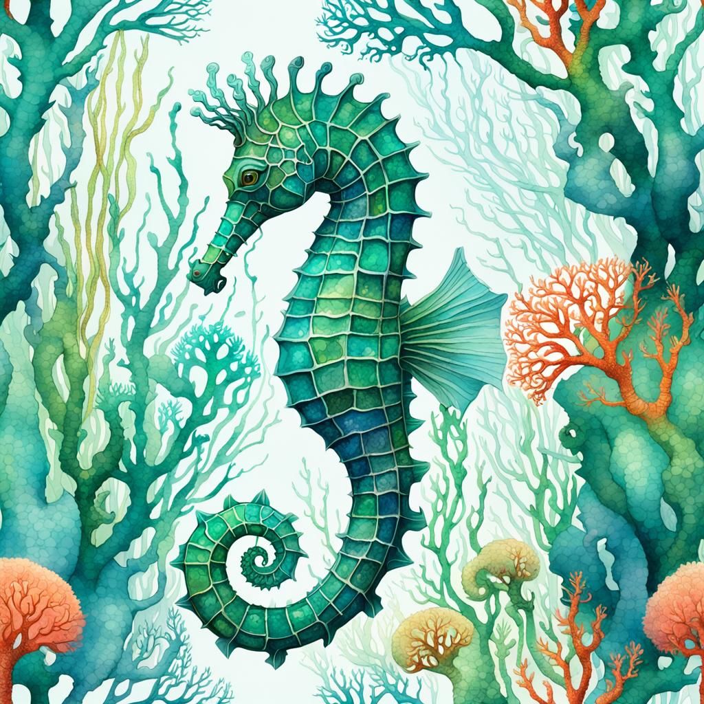 Emerald Seahorse in a Miyazaki-esque Coral Reef