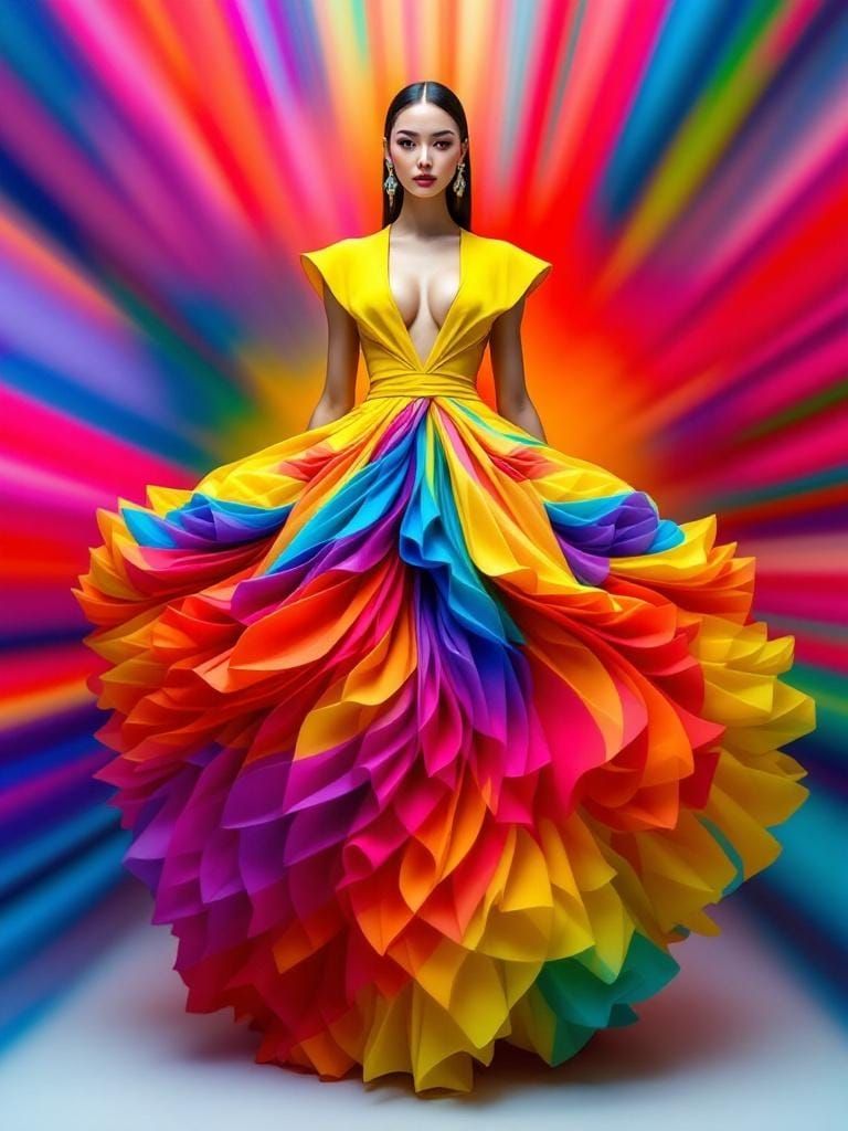 Woman in Rainbow Skirt: Avant-Garde Futuristic Fashion