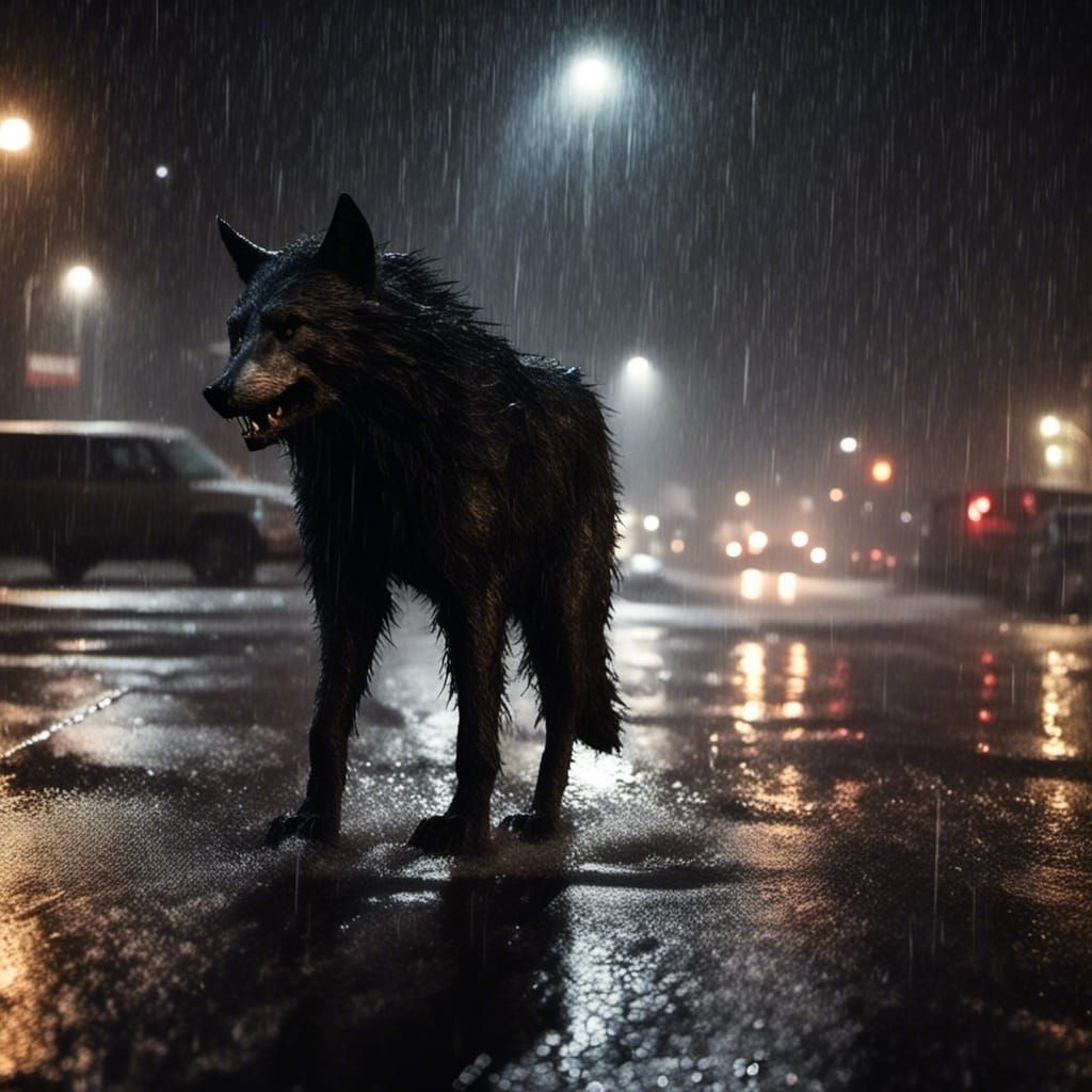 Creepy Werewolf in a Deserted Town at Night