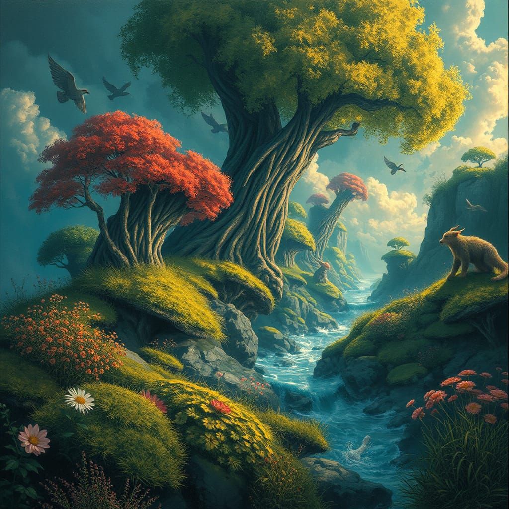 Fantasy Nature Illustration in Vintage Oil and Ink Style