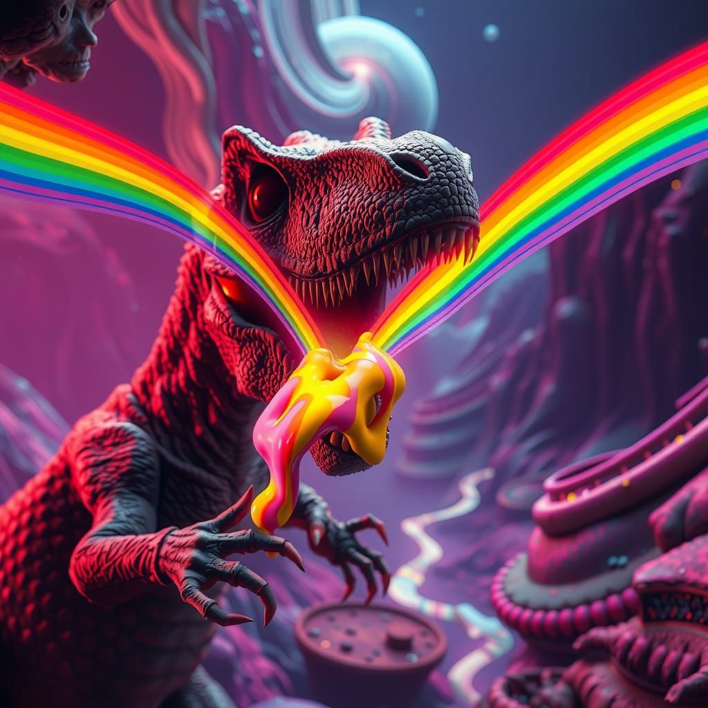 Hyperreal Sorcerer T-Rex Drinking Rainbows