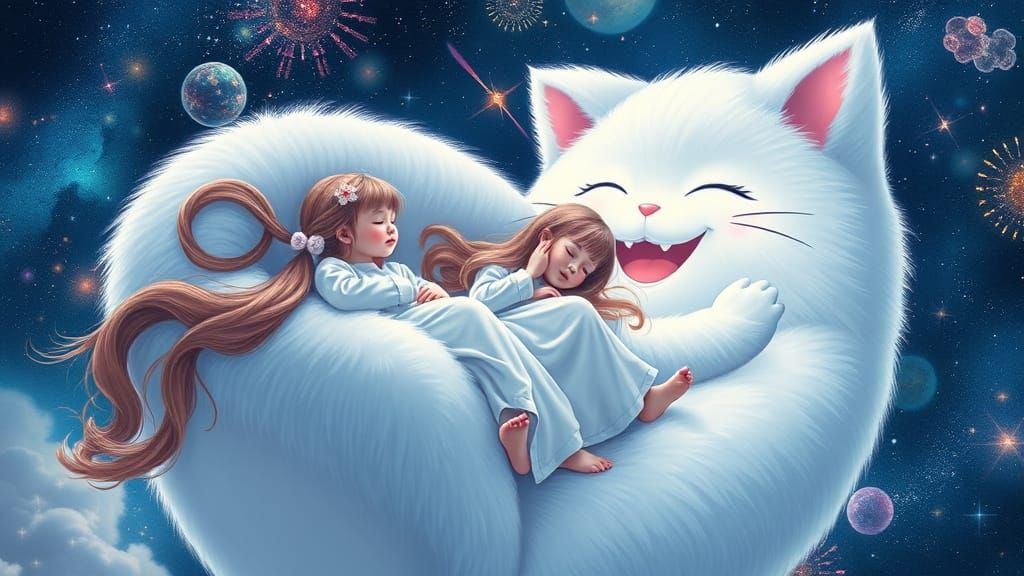 Girls Flying Through Space in Cat Chair