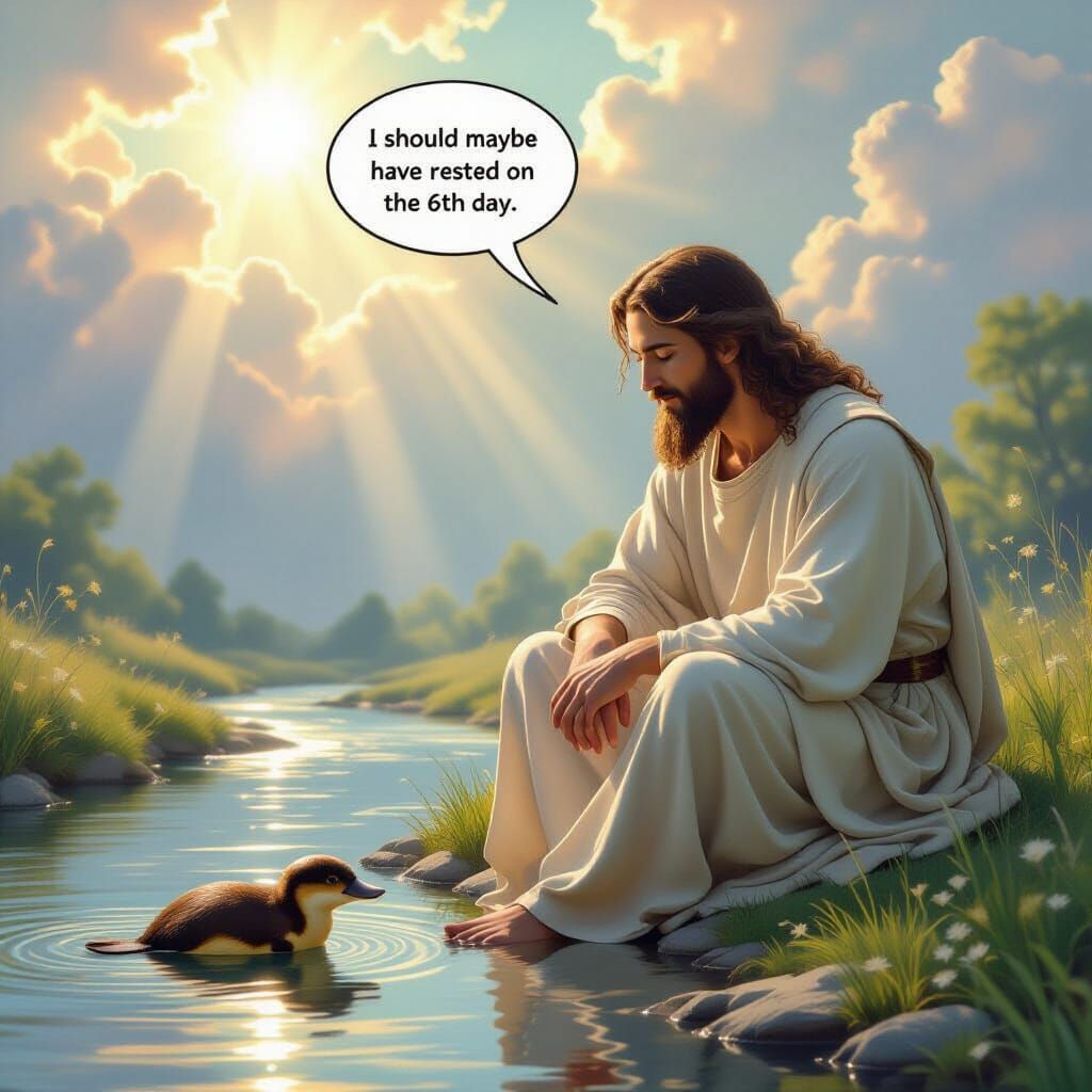 God Observes Platypus by Stream in Golden Light