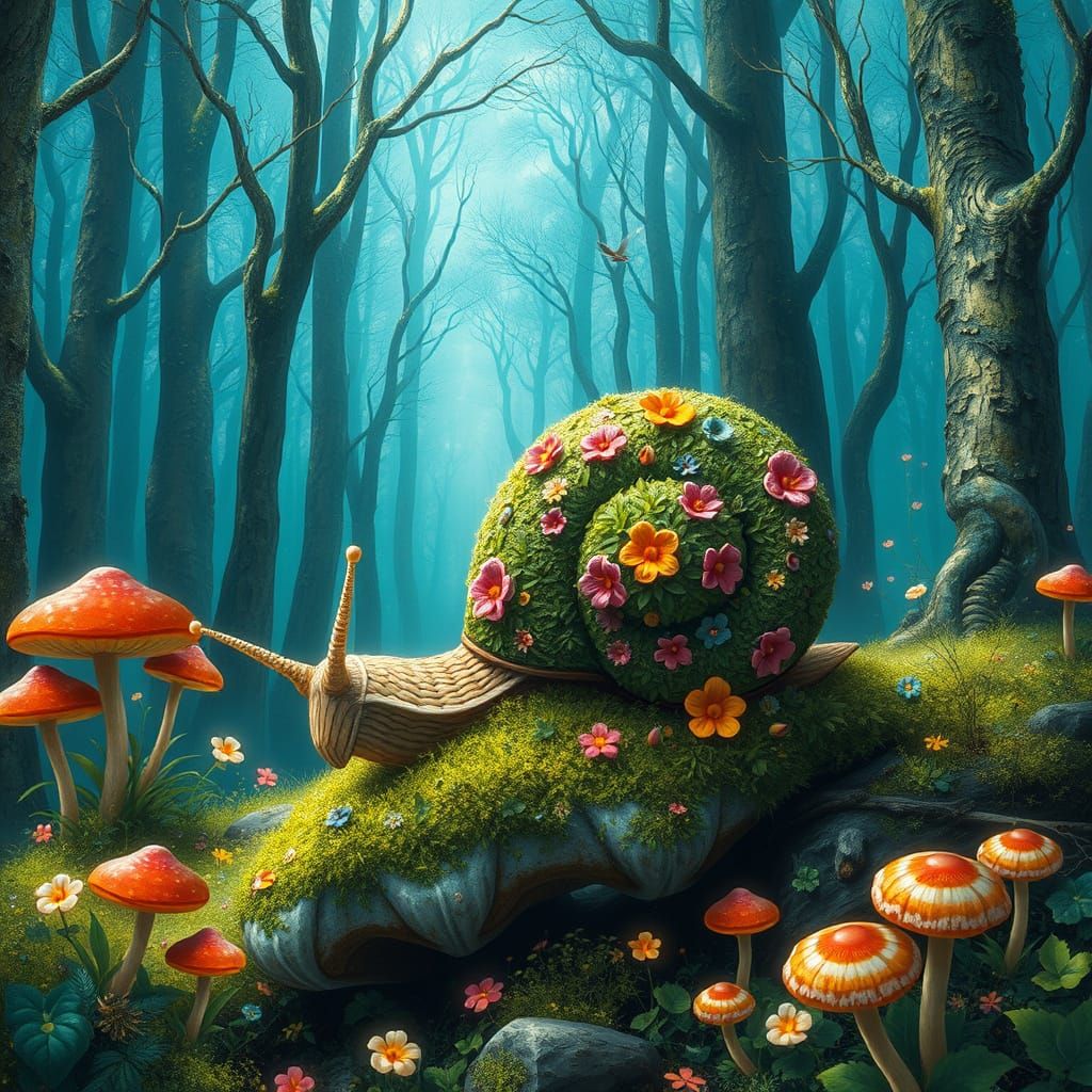 Botanical Snail Crawling Through Crystal Forest as Art Nouve...
