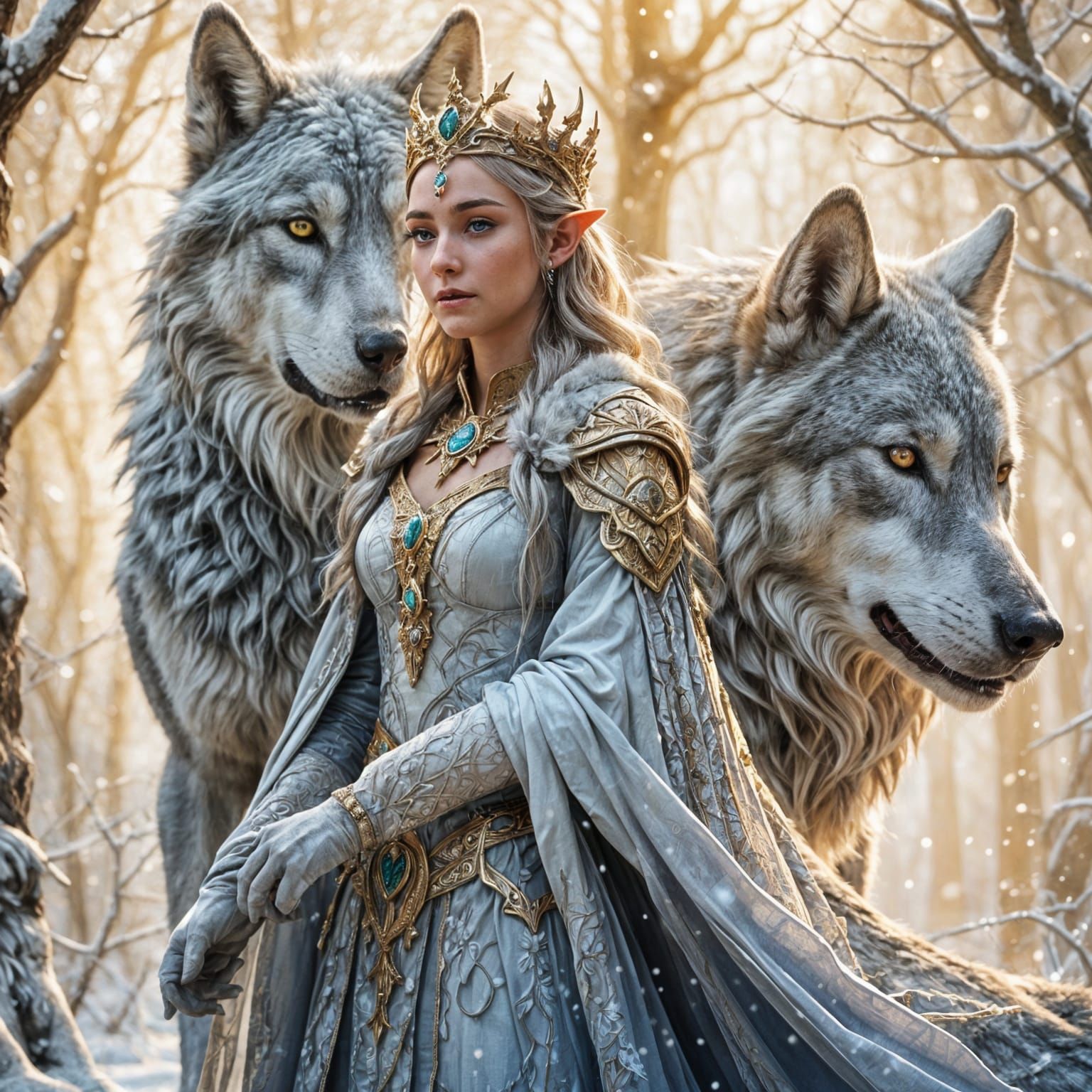 Winter Elven Queen and Timberwolves