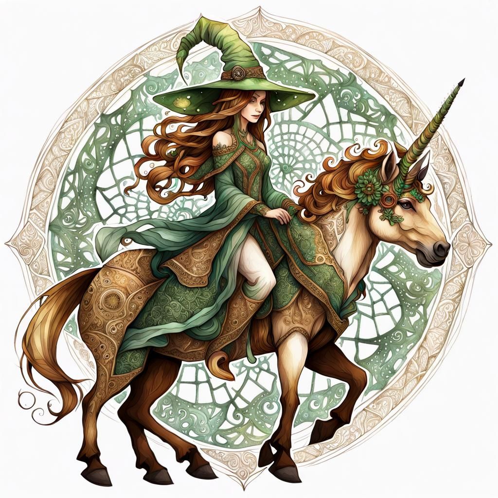 Nymph Sorceress Riding Henna Unicorn, Watercolor Art