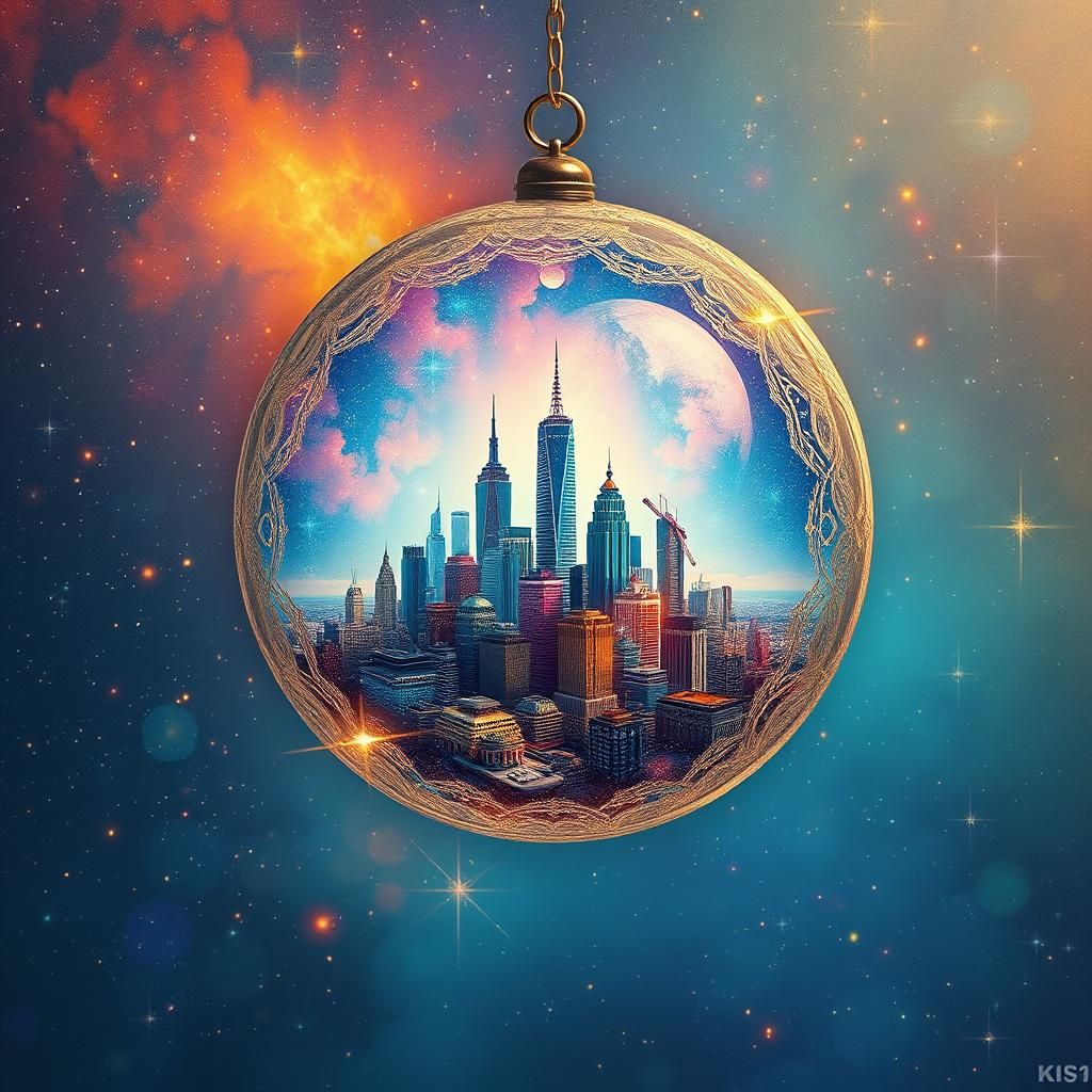 Ethereal Cityscape in Glass Ball: Cosmic Illustration