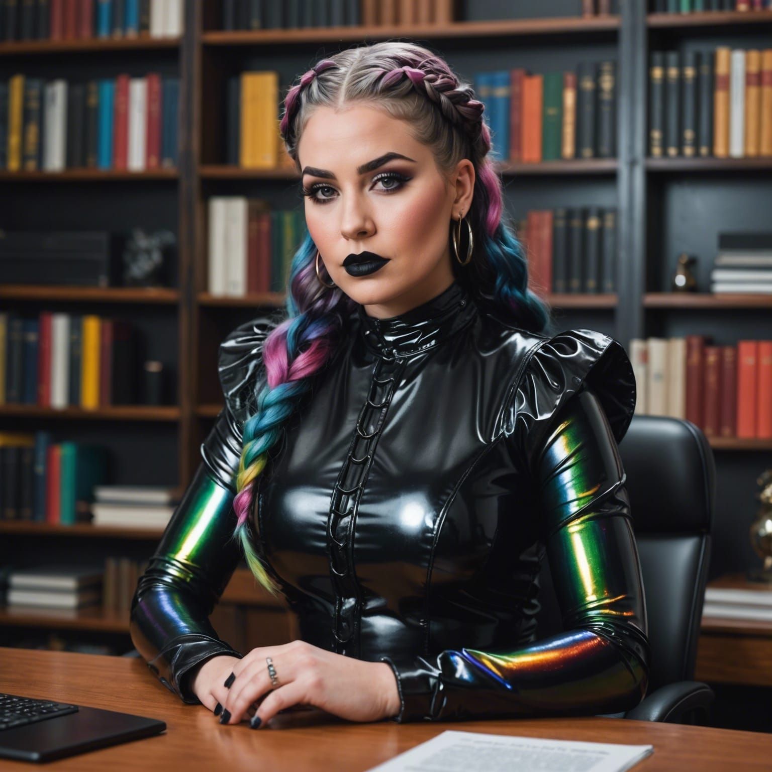 Librarian with Rainbow Hair in Glossy Dress
