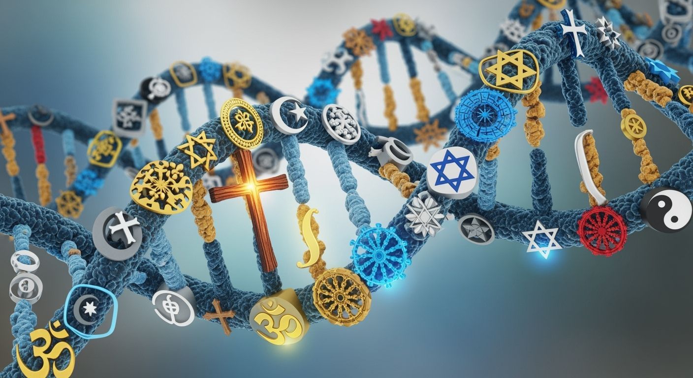 Religious Symbols Intertwined in Vibrant DNA Helix