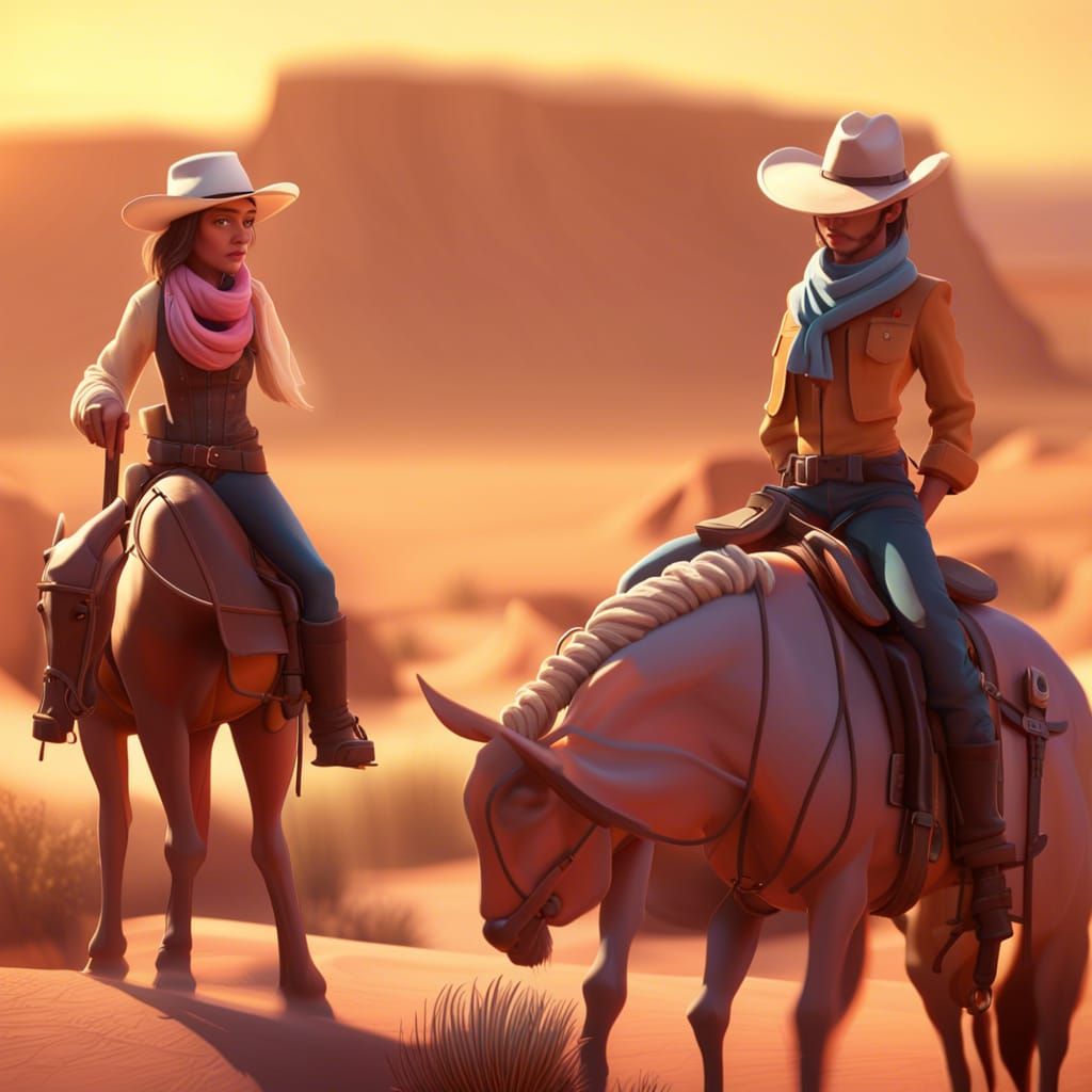 Cowboys and Cowgirls in Desert: 3D Digital Art