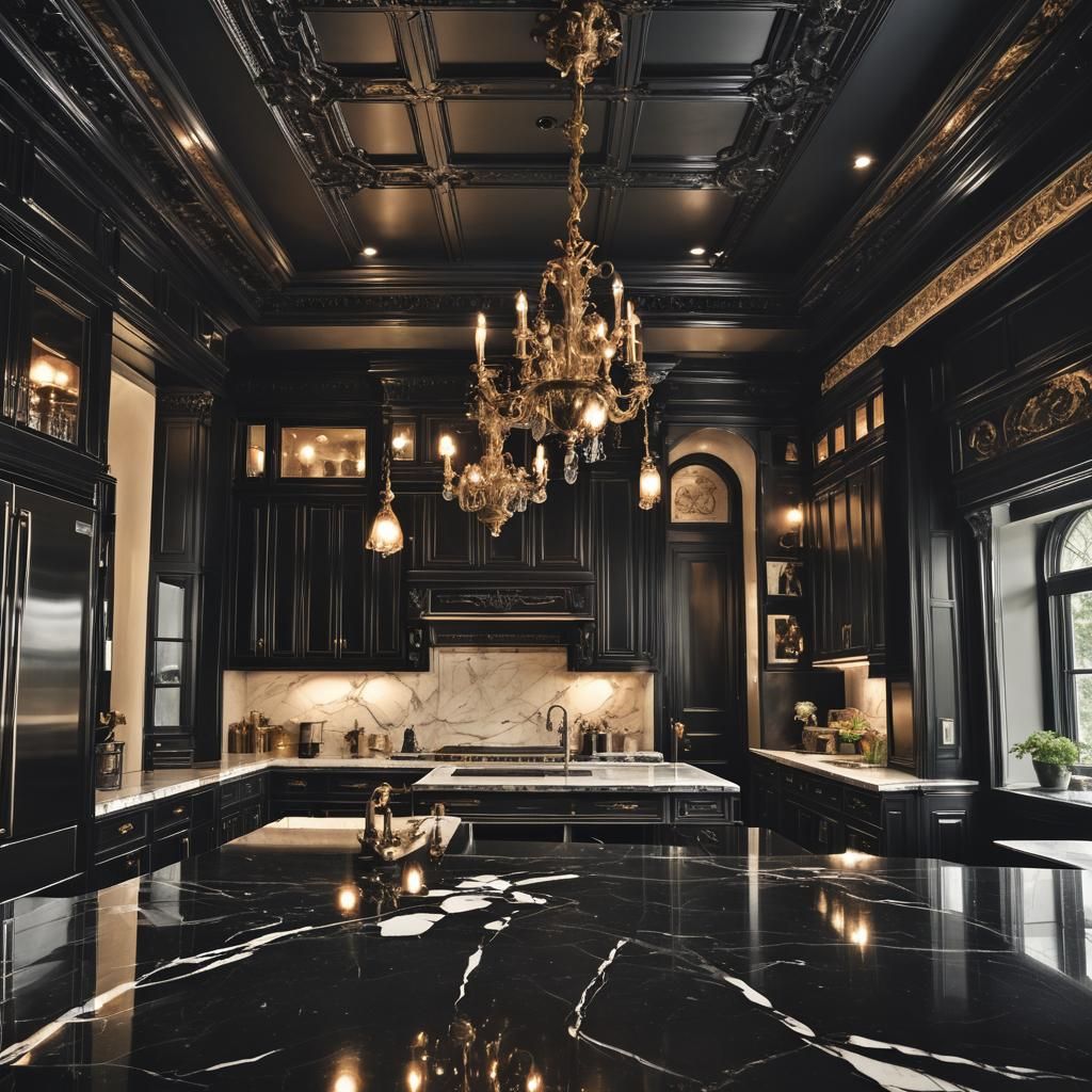 Elegant Black Kitchen with Ornate Mirror Reflection