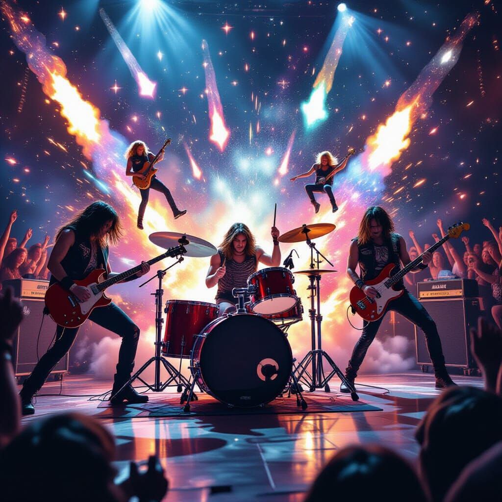 Cosmic Rock Band Performance with Surreal Details