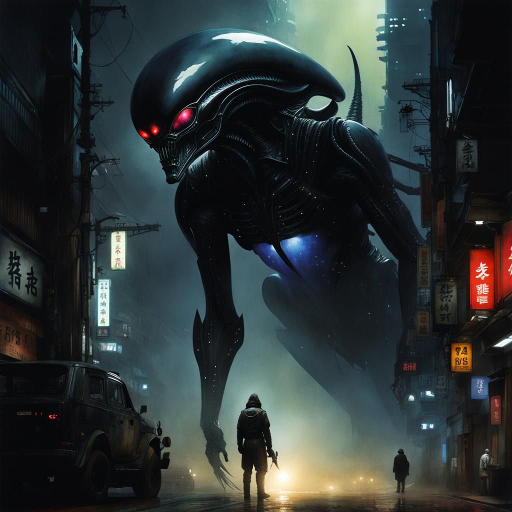 Eerie Surreal Alien in Tokyo, Watercolor and Ink