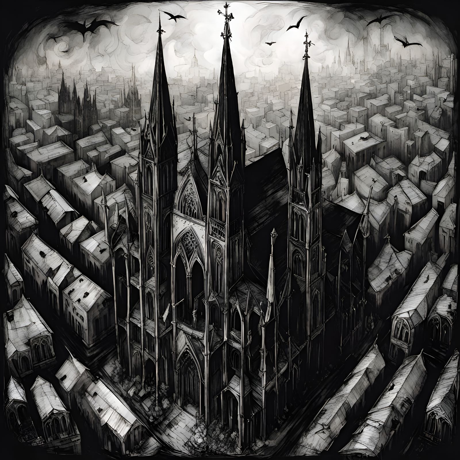 Gothic Cathedral in Gloomy City: Ink Drawing