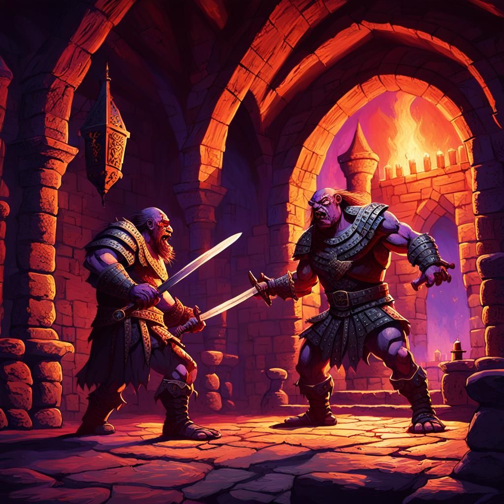 Warrior and Ogre Duel in a Dark Castle