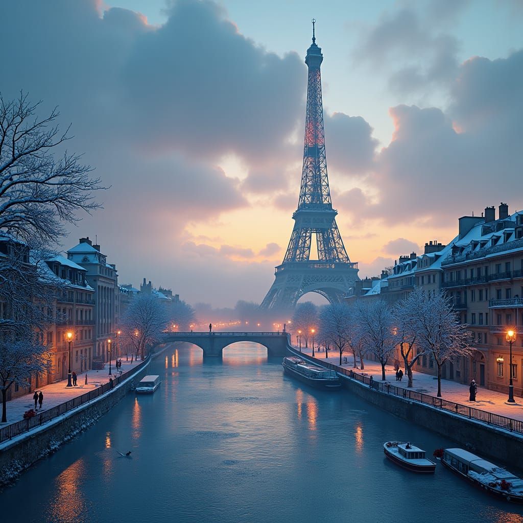 Snowy Paris Dusk: A Fantasy Concept Art