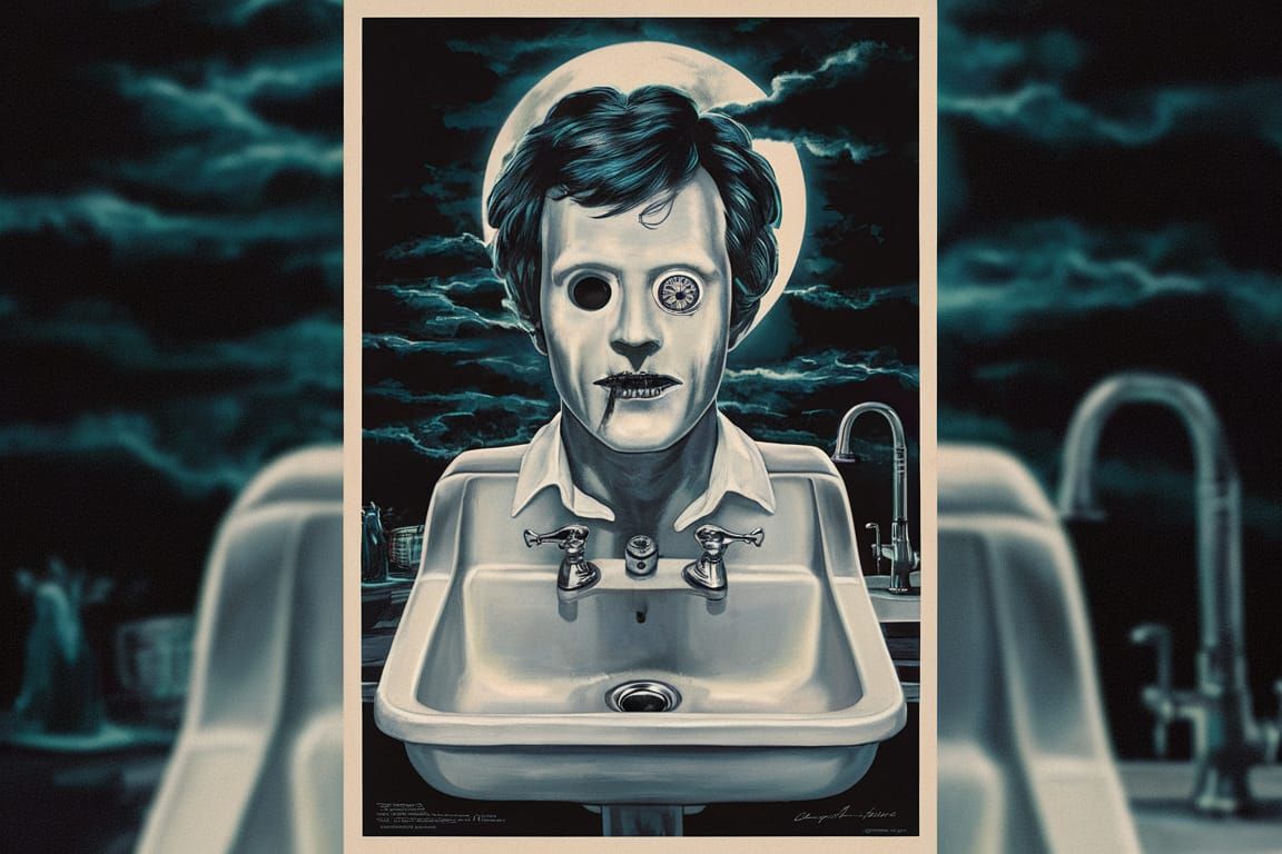 the man that was actually a kitchen sink, 1970s slasher flick movie poster retro painting