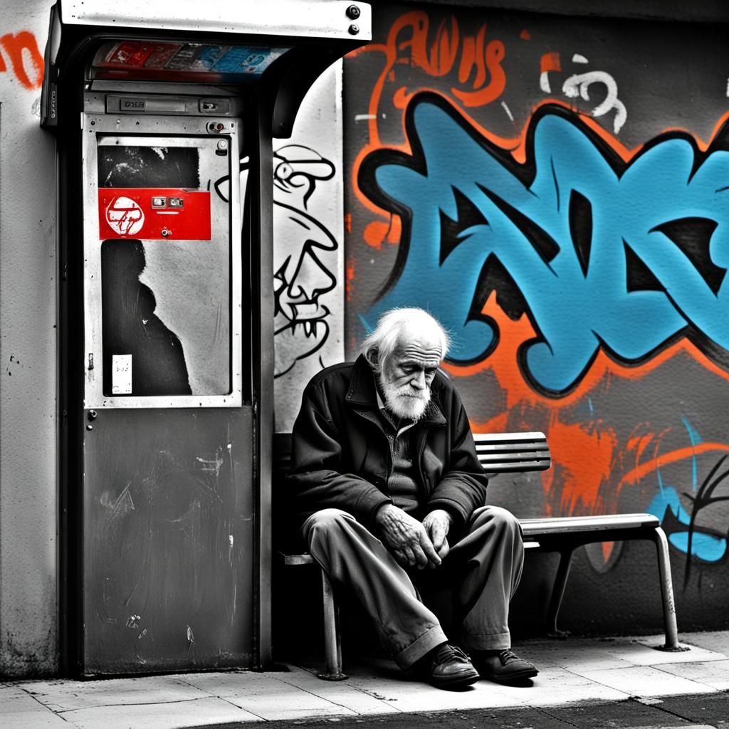 Old Man Waiting at Bus Stop in Graffiti Style
