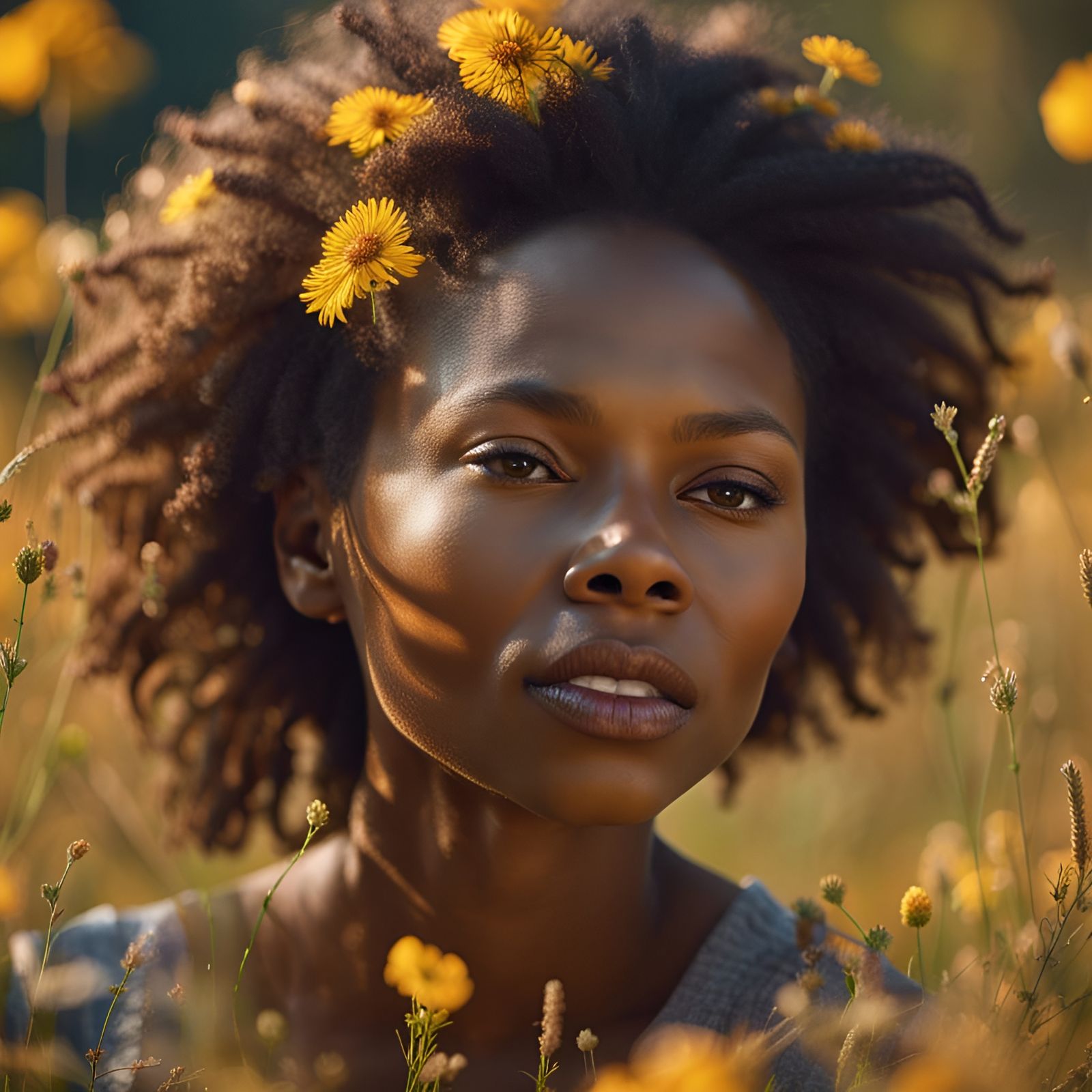 Ebony Beauty in Wildflower Field: Editorial Photography