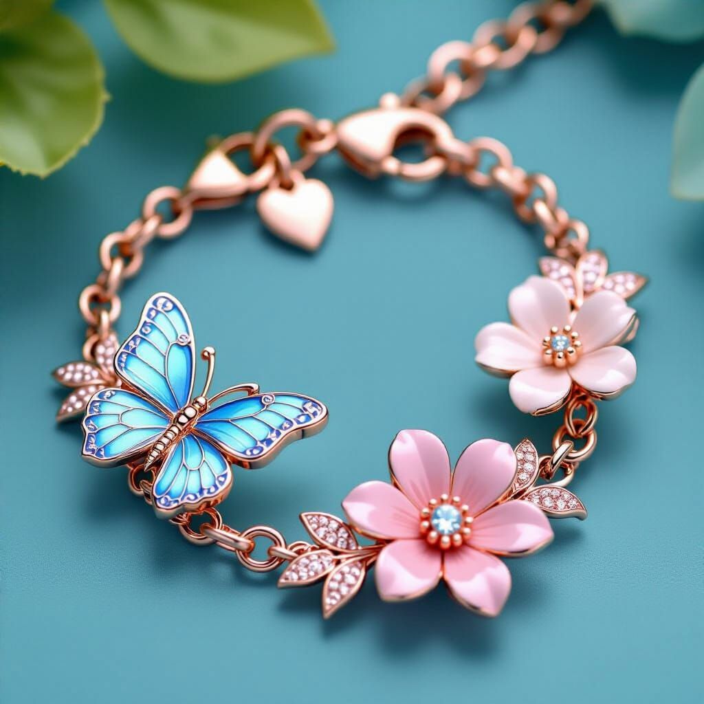 Rose Gold Bracelet with Butterfly and Flowers