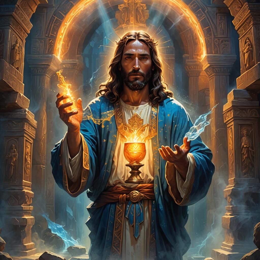 Jesus in Mystic Temple Holding Holy Water