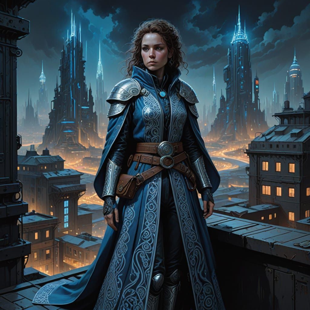 Cyberpunk Dwarf Mage Casts Ice Spell with Pistol in Hand