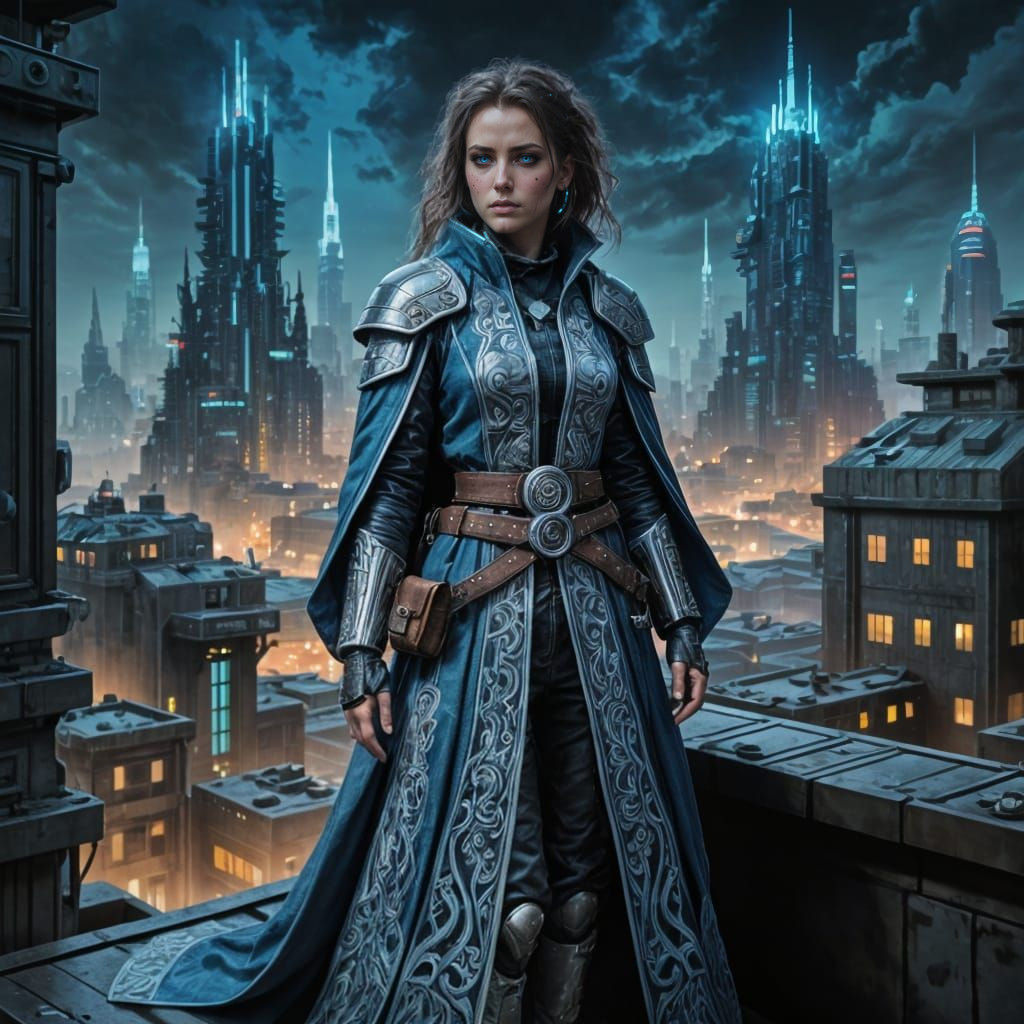 Cyberpunk Dwarf Mage Casts Ice Spell in Neon City