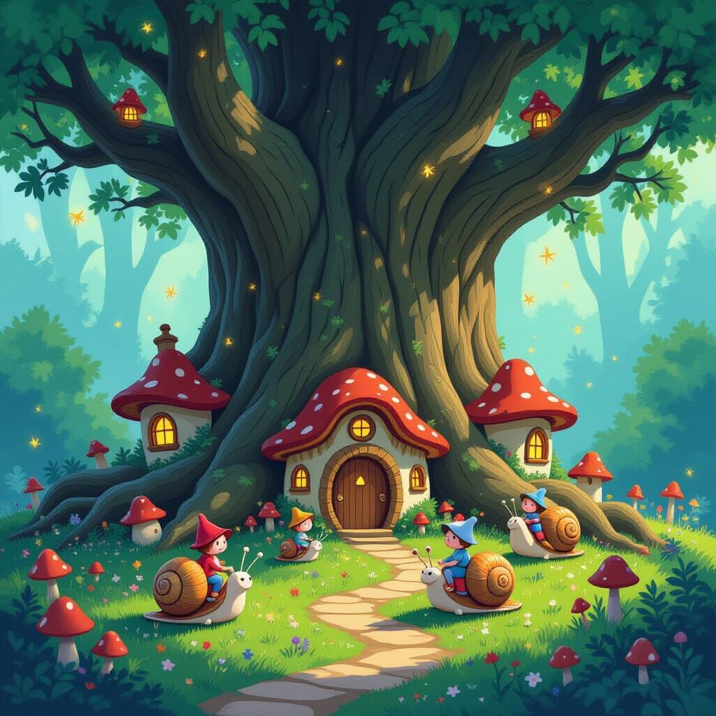 Tiny mushroom people ride snails