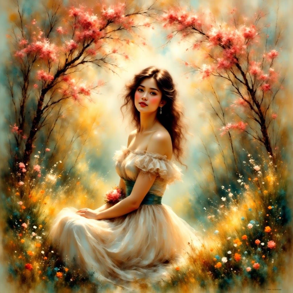 Whimsical Woman in a Blooming Cherry Blossom Paradise