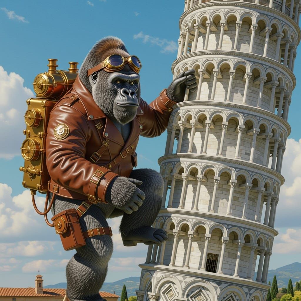 steampunk  a silver back gorilla climbing the leaning tower steampunk engine