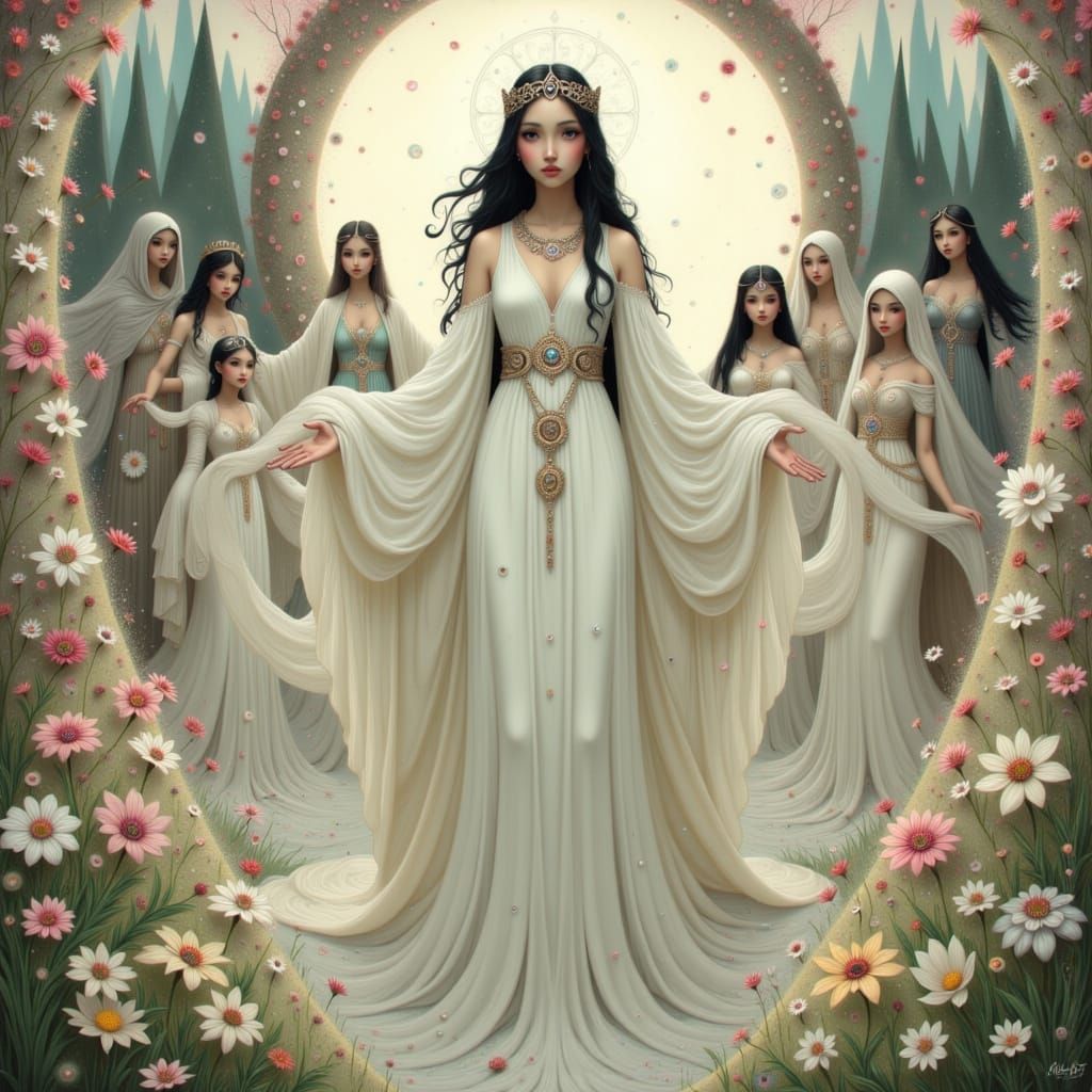 Gefjon Surrounded by Virgins in Heavenly Landscape