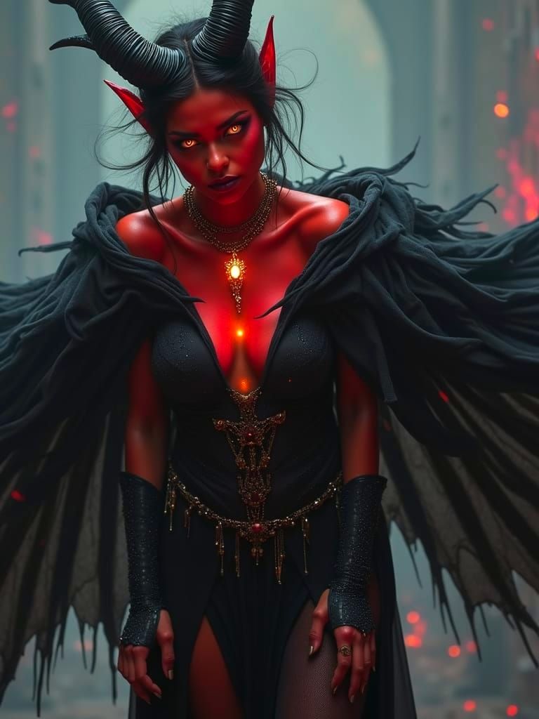 Seductive Demon Queen in Hellish Throne Room