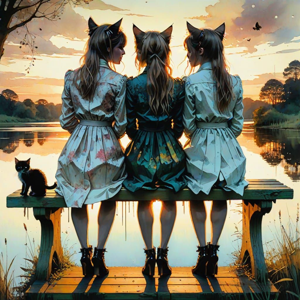 Surreal Sunset Scene with Two Ladies and Kittens in Intricat...
