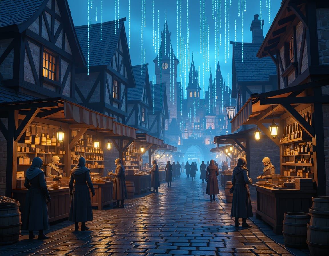 Medieval Marketplace Made of Glowing Code Lines