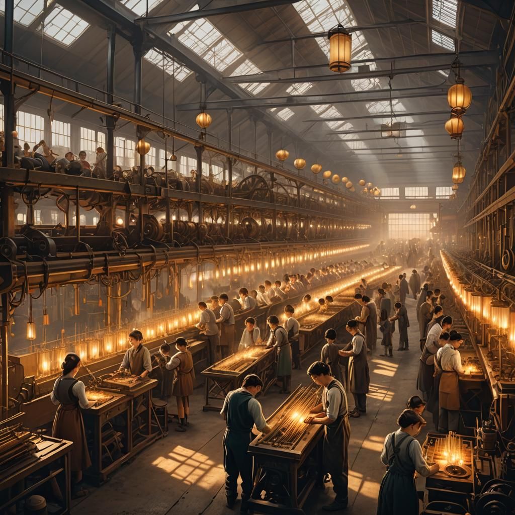 Factory Workers in a Cotton Mill: Men, women, and children operating machines in a dimly lit factory, surrounded by rows...
