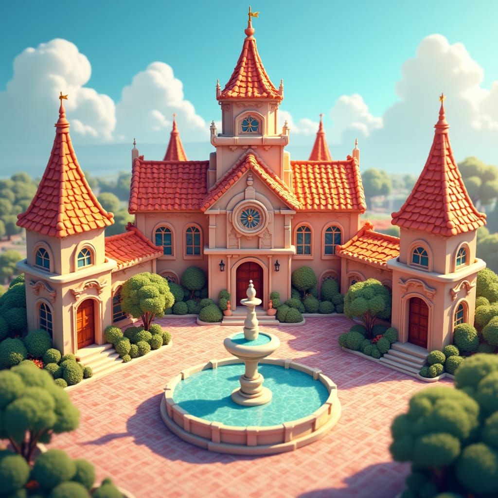 Isometric City Hall with Ornate Fountain in 3D Style