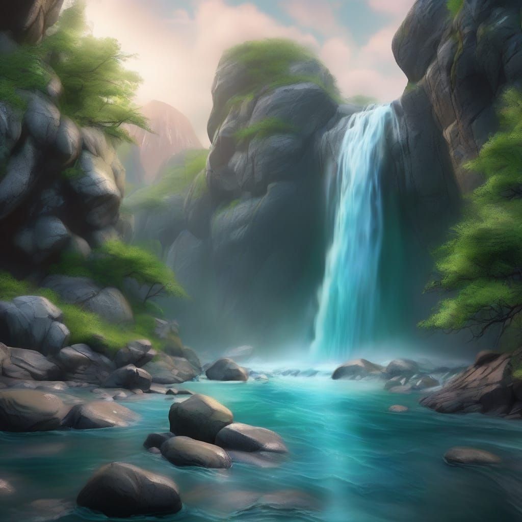 Water Flowing Through Rocky Landscape in Digital Painting