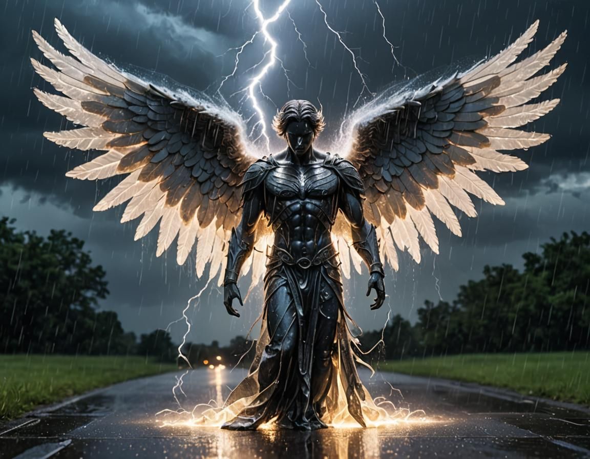 Fallen Angel with Translucent Wings in Storm