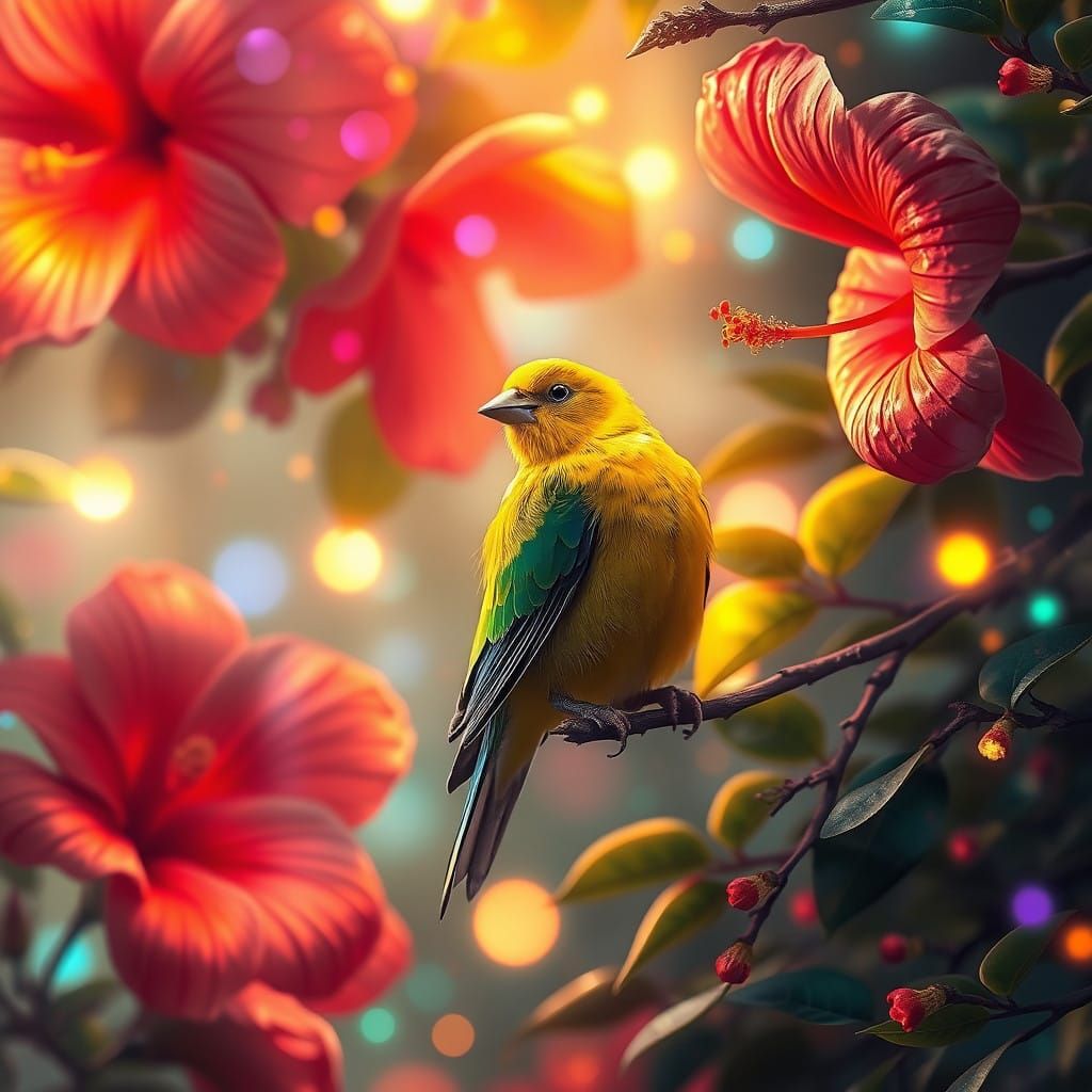 Enchanted Canaries in Vibrant Hibiscus Bloom