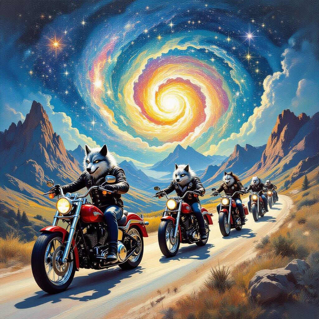 Biker Gang Constellation Ride: Surreal Dreamscape