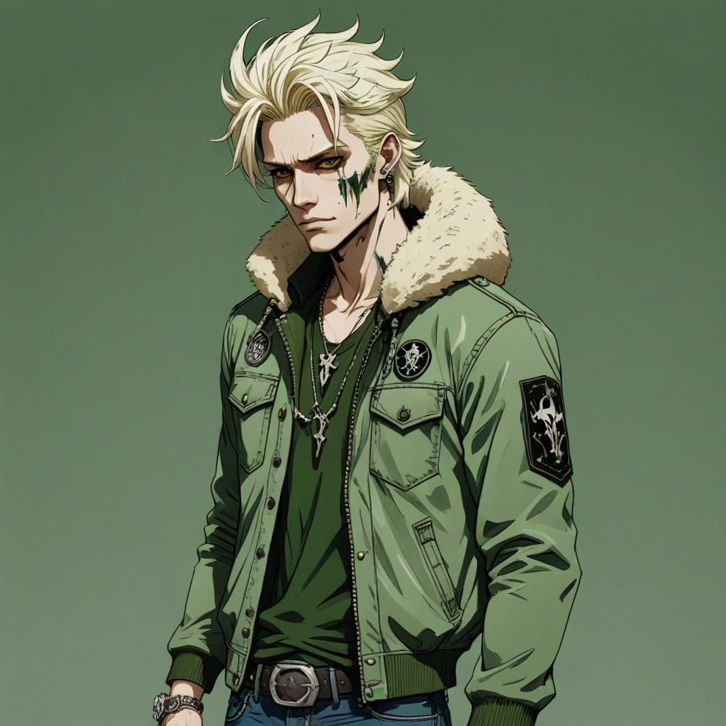 Anime, A bleached-blond fox-tailed young rock star man wears...