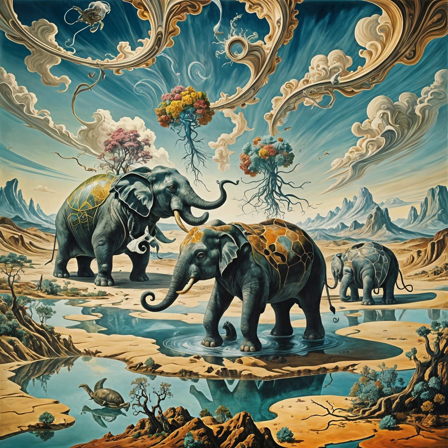 Surreal Landscape with Elastic Flora and Floating Elephants