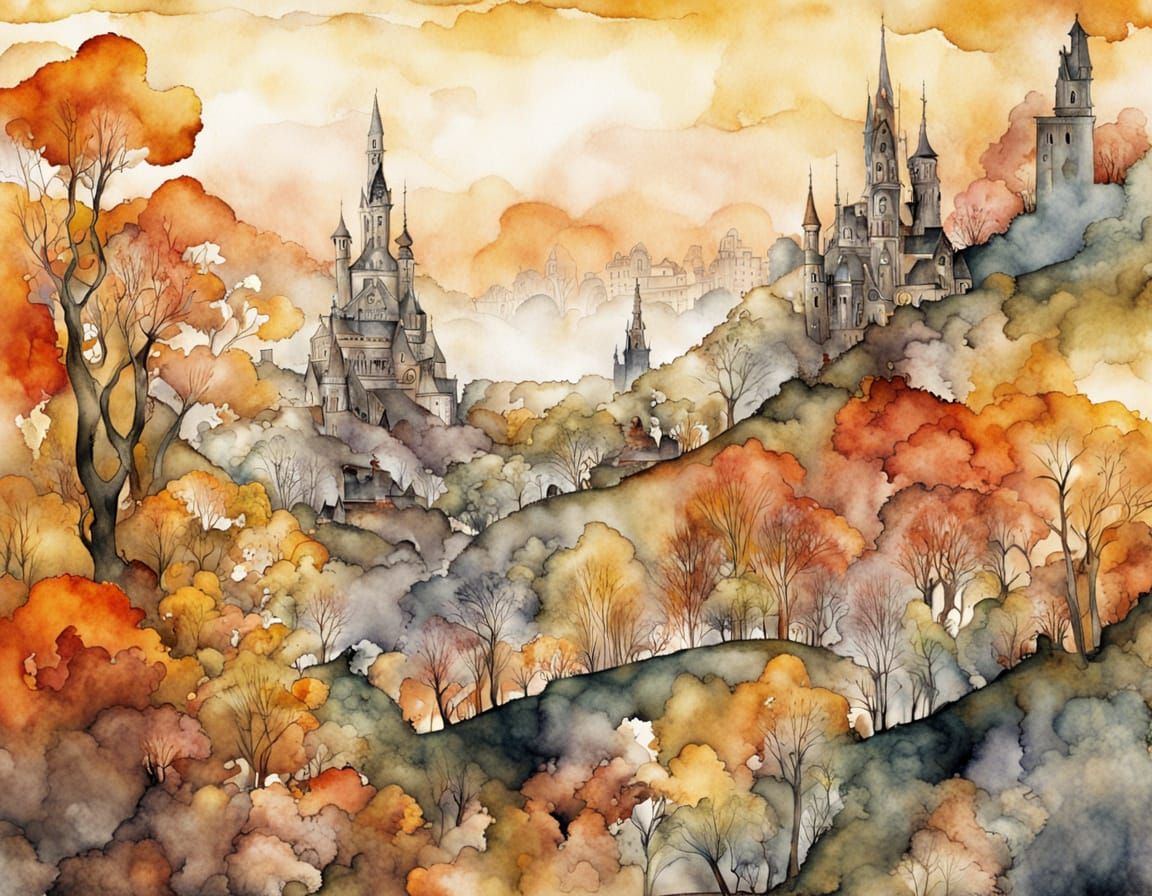 Surreal Dystopian Landscape in Watercolor Ink