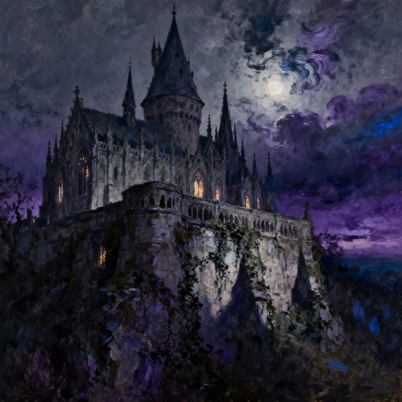 Gothic Castle in Stormy Twilight, Impressionist Style