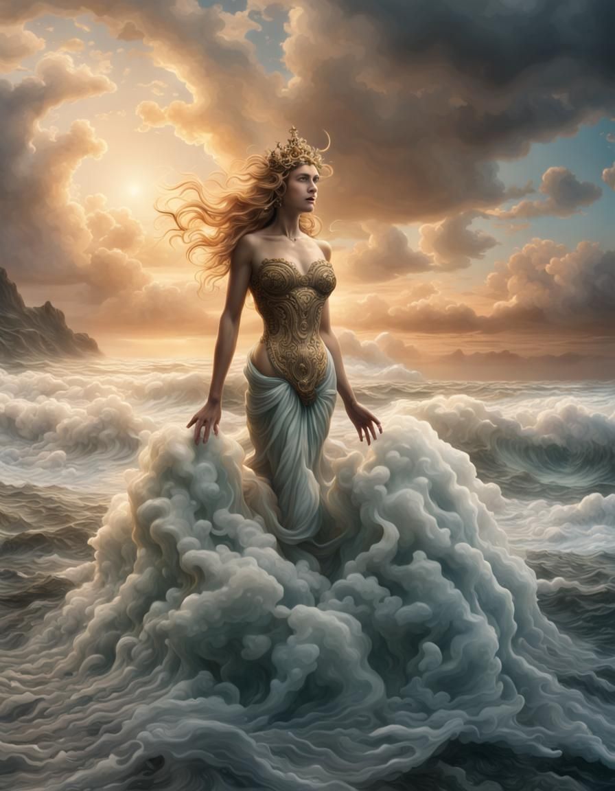 Goddess Venus rising from sea-foam with her feet in the waves.