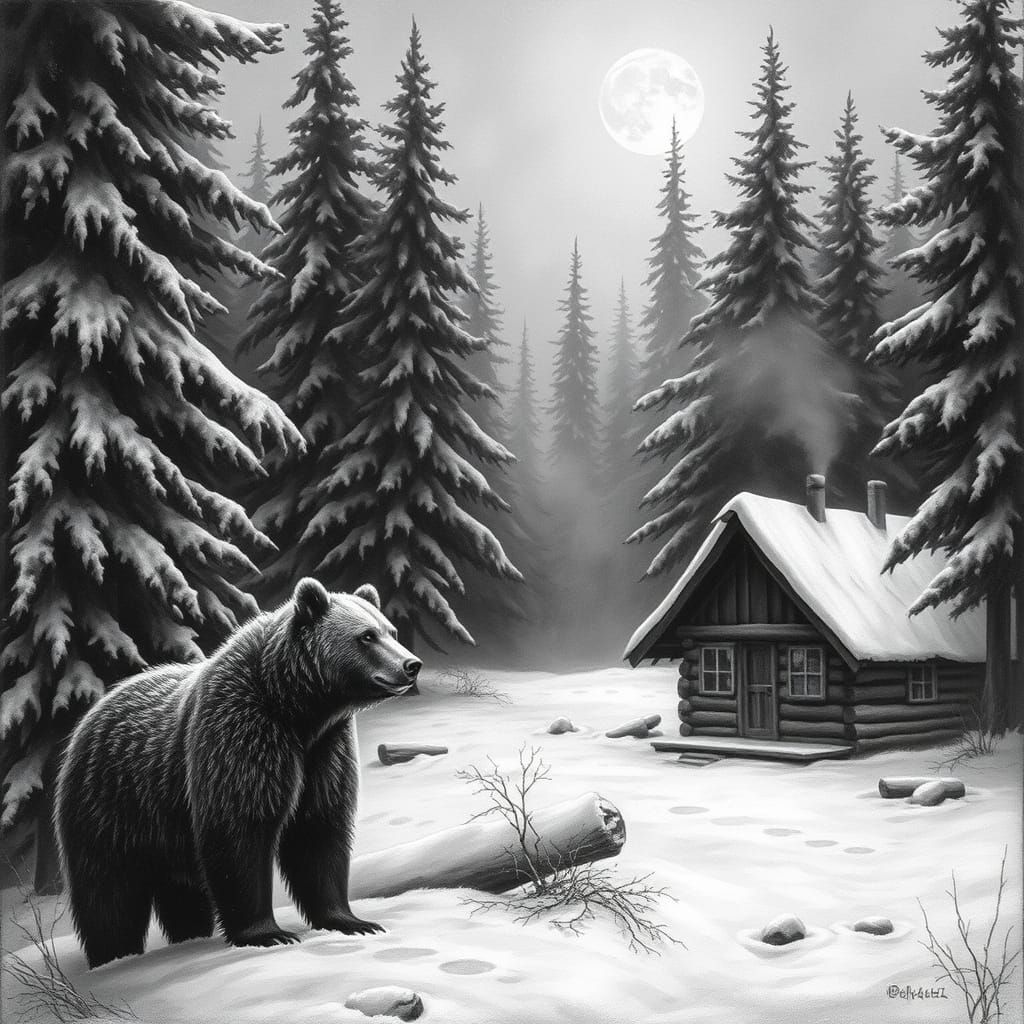 Trappers Cabin Scene in Moody Black and White