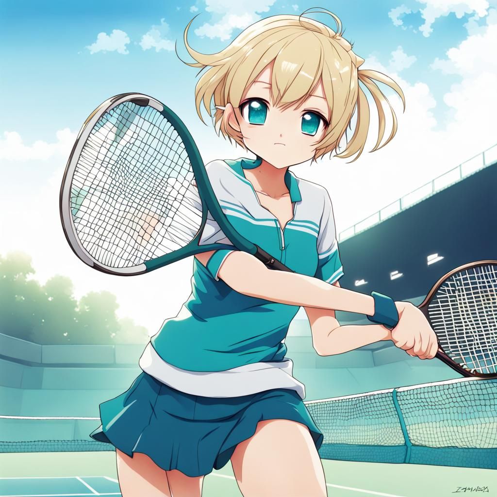 Blonde Anime Girl Playing Tennis in Blue